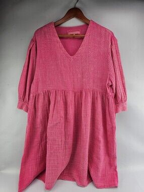 Simply Southern Hot Pink Gauze Babydoll Dress V-neckline Puff Sleeves Women's L
